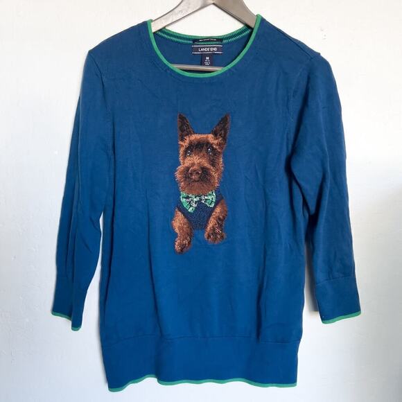 Lands End Dapper Dog Puppy 3/4 Sleeve Knit Sweater Blue Medium Classic Preppy - Picture 1 of 6
